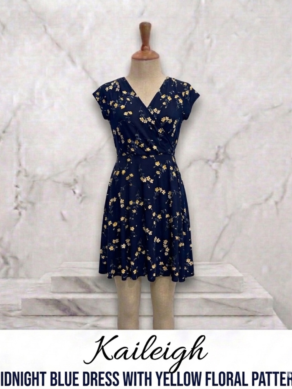 Kaileigh Midnight Blue Dress with Yellow Floral Pattern Size S NWT
